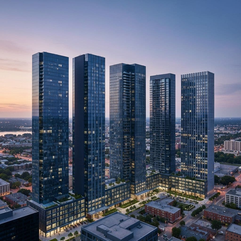 Modern real estate development cityscape at dusk